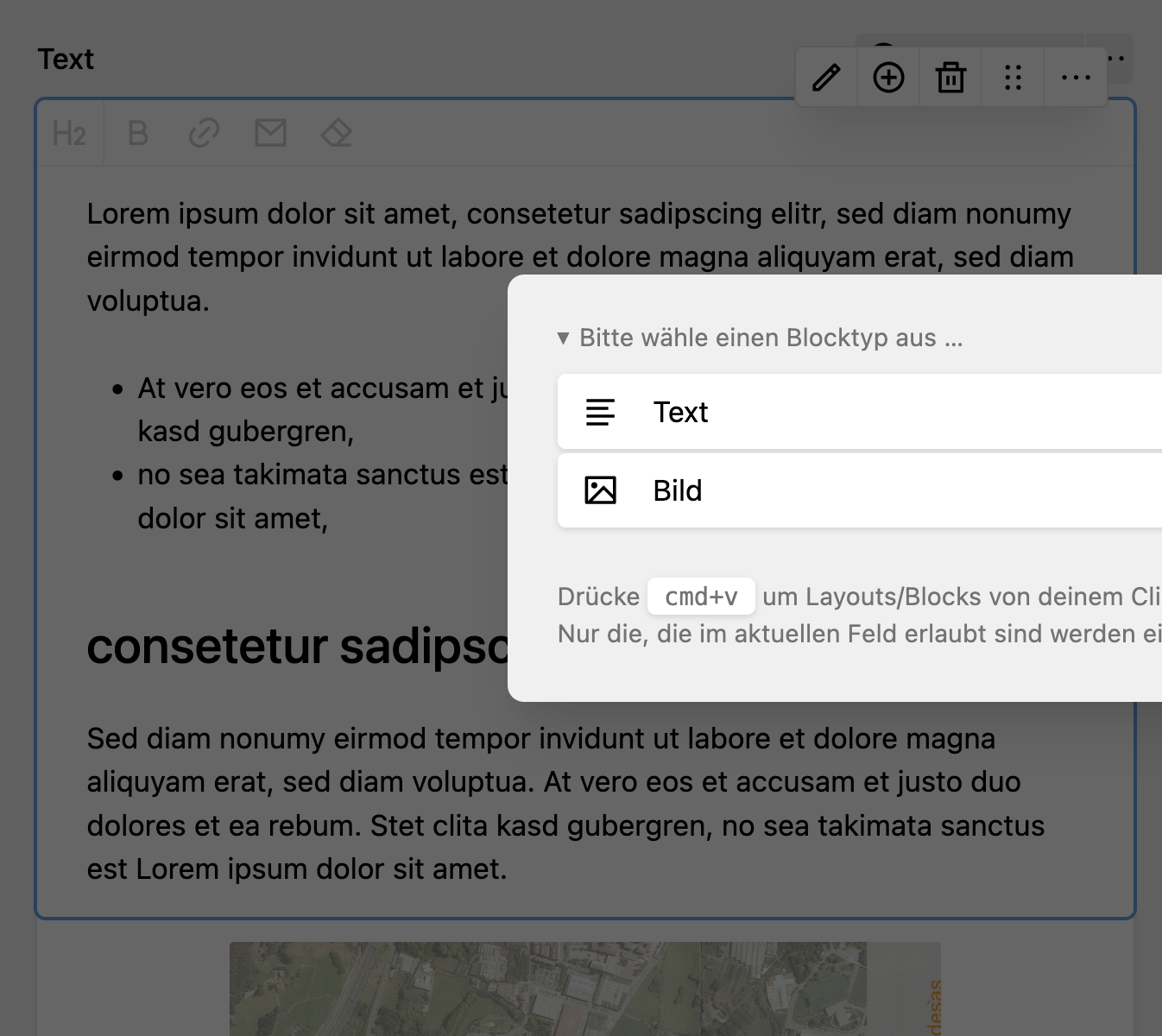 In the foreground a modal with the selection of the block types text and image. In the background a text field with lorem ipsum text including a bullet list and a heading. At the bottom the upper part of an image.
